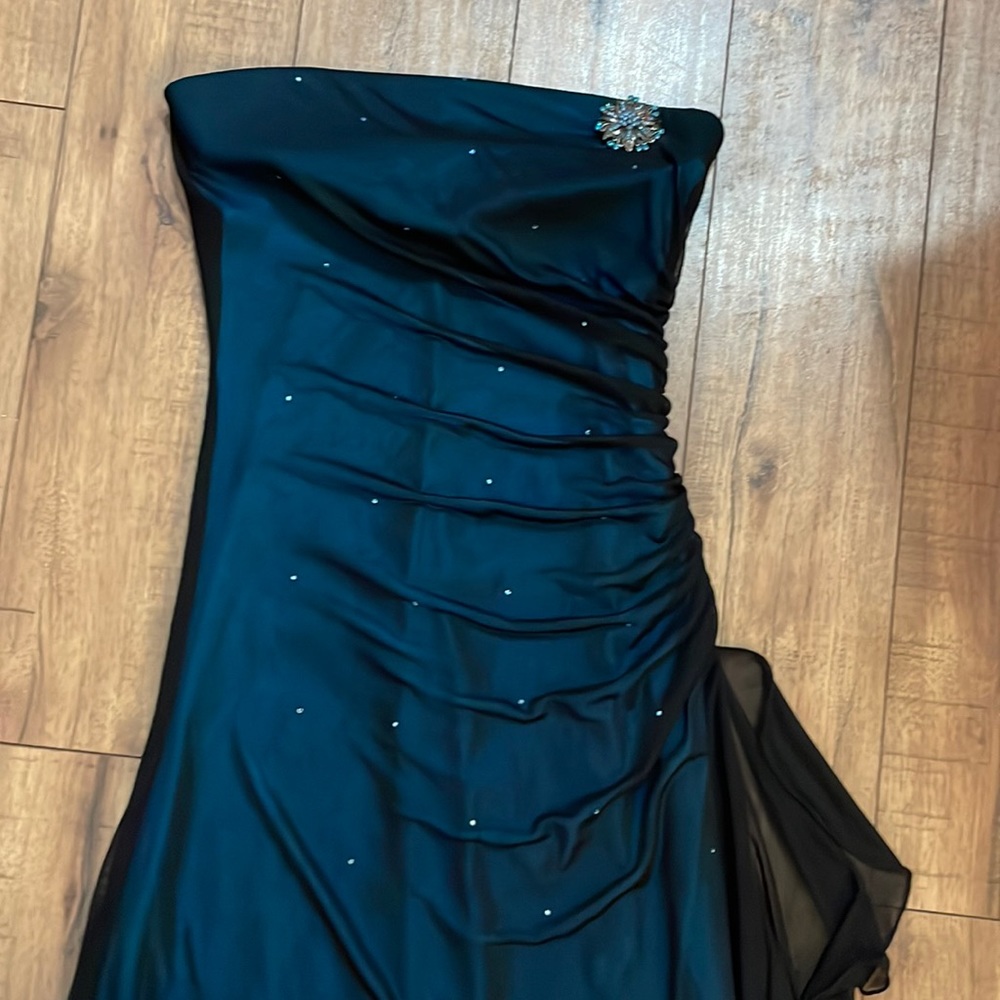 Long prom style dress blue with black sheer and blue rhinestones